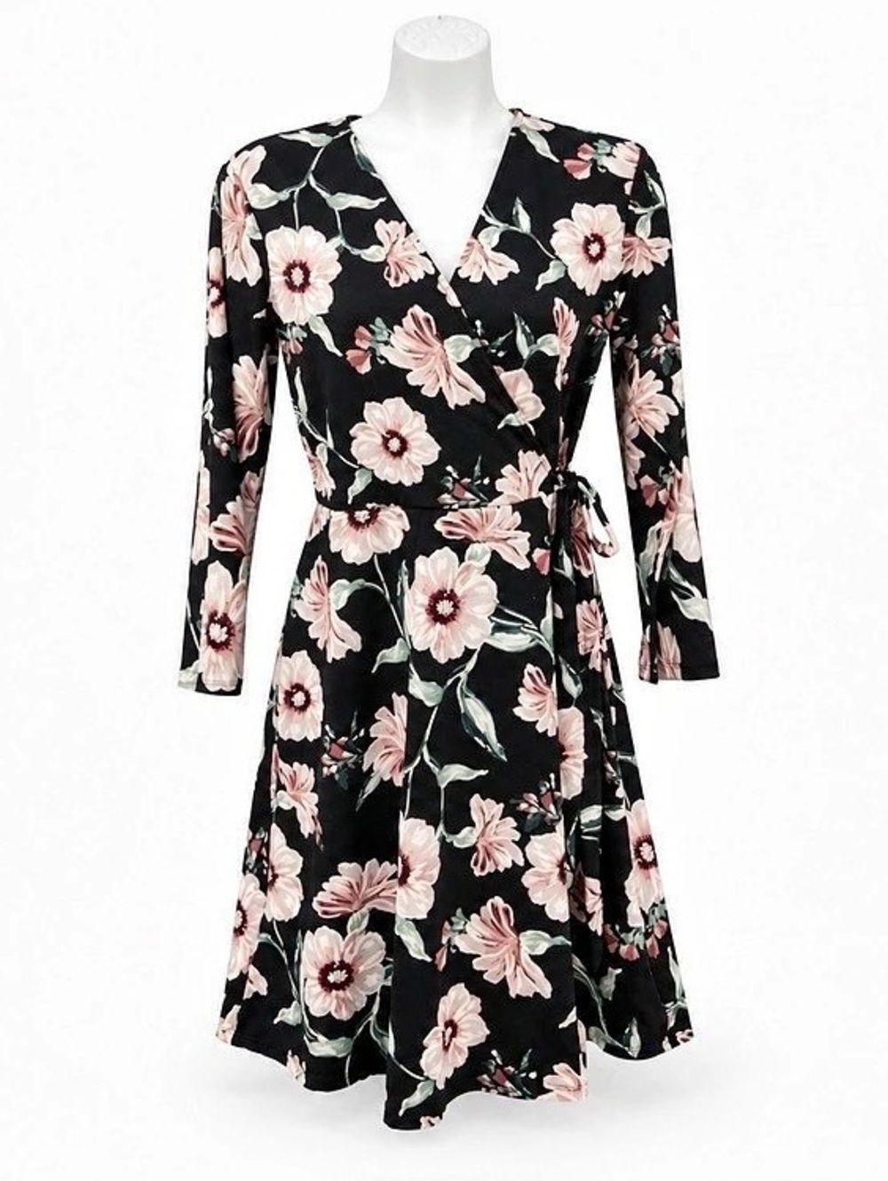 Floral Wrap Midi Dress in Black & Pink Like New